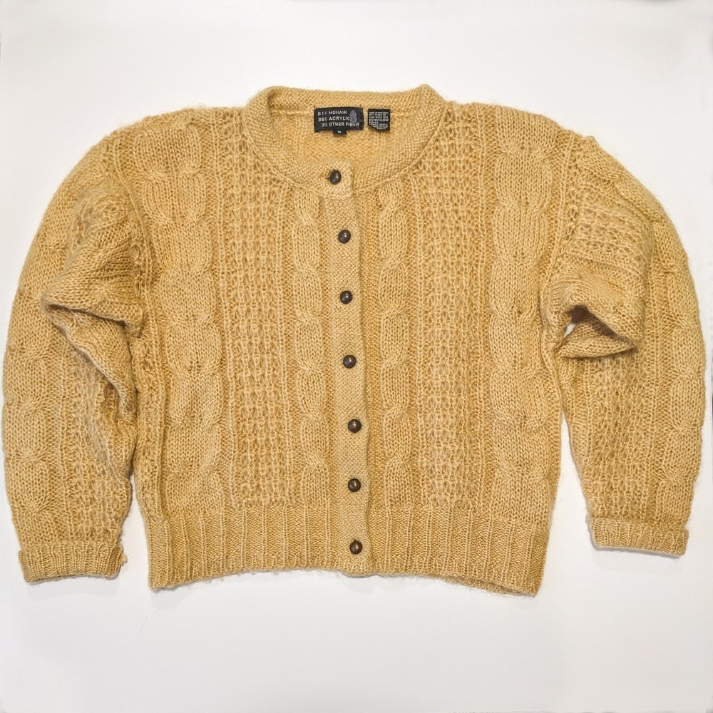 Vintage Mohair Blend Cable Knit Cardigan Small Mustard Yellow Fisherman Sweater